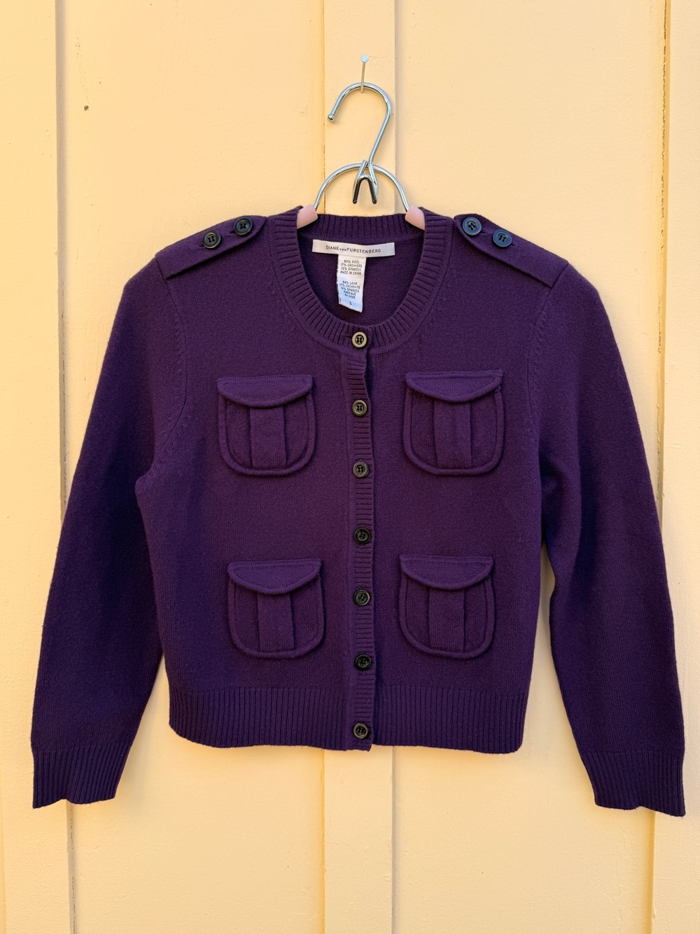 Diane von Furstenberg Purple Cashmere Military Cropped Cardigan Academia S